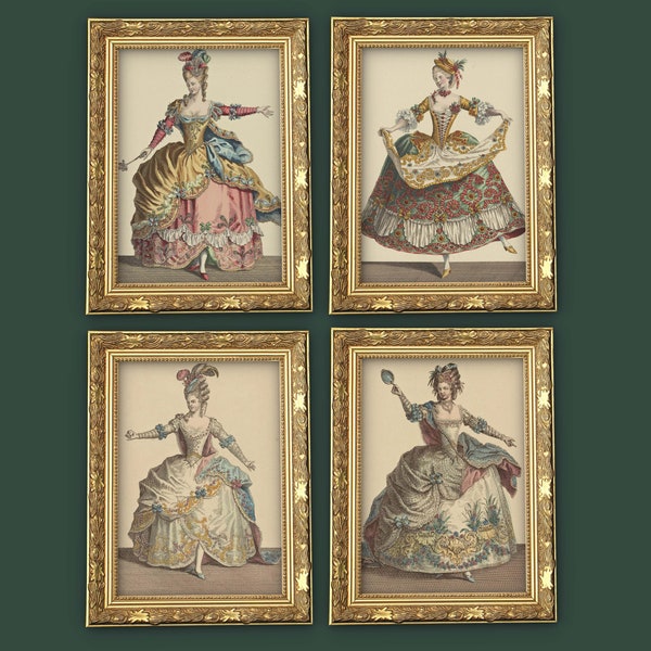 Vintage art prints set of 4 vintage dance wall art print French ballet dance women 18th century, vintage printable, download, digital prints