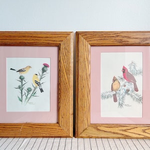 Set of 2 Vintage Framed Birds Painting Color Lithograph by Sherm Pehrson 1970’s Original Painting Cardinals, Goldfinch, Cedar Waxwing