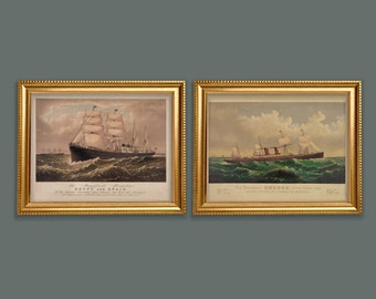 Vintage art prints set of 2 steamship sail boat Currier and Ives 1880s, printable digital download digital prints 8"x10" 11"x14" 12"x15"