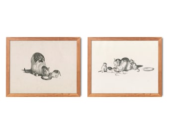 Vintage Cat & Kitten Lithograph Art Prints, Set of 2