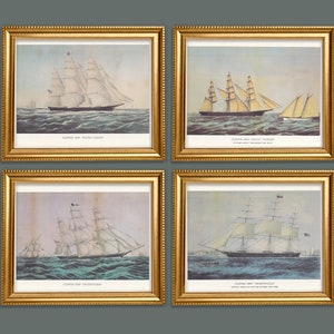 Set of 4 REPRODUCTION Vintage Prints Clipper Ship boat yacht sail ship sailing New York by Currier and Ives art prints 15&quot;x12&quot;, 14&quot;x11&quot;