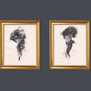 Original 1907 vintage Victorian art prints set of 2 gilded age fashion woman portrait female figure drawing sketch wall art print 8x11