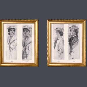 Original 1907 vintage Victorian art prints set of 2 gilded age fashion woman portrait female figure drawing sketch wall art print 8x11