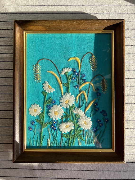 Vintage Wood Framed Original Hand-made Knitted Floral Wall Art 
