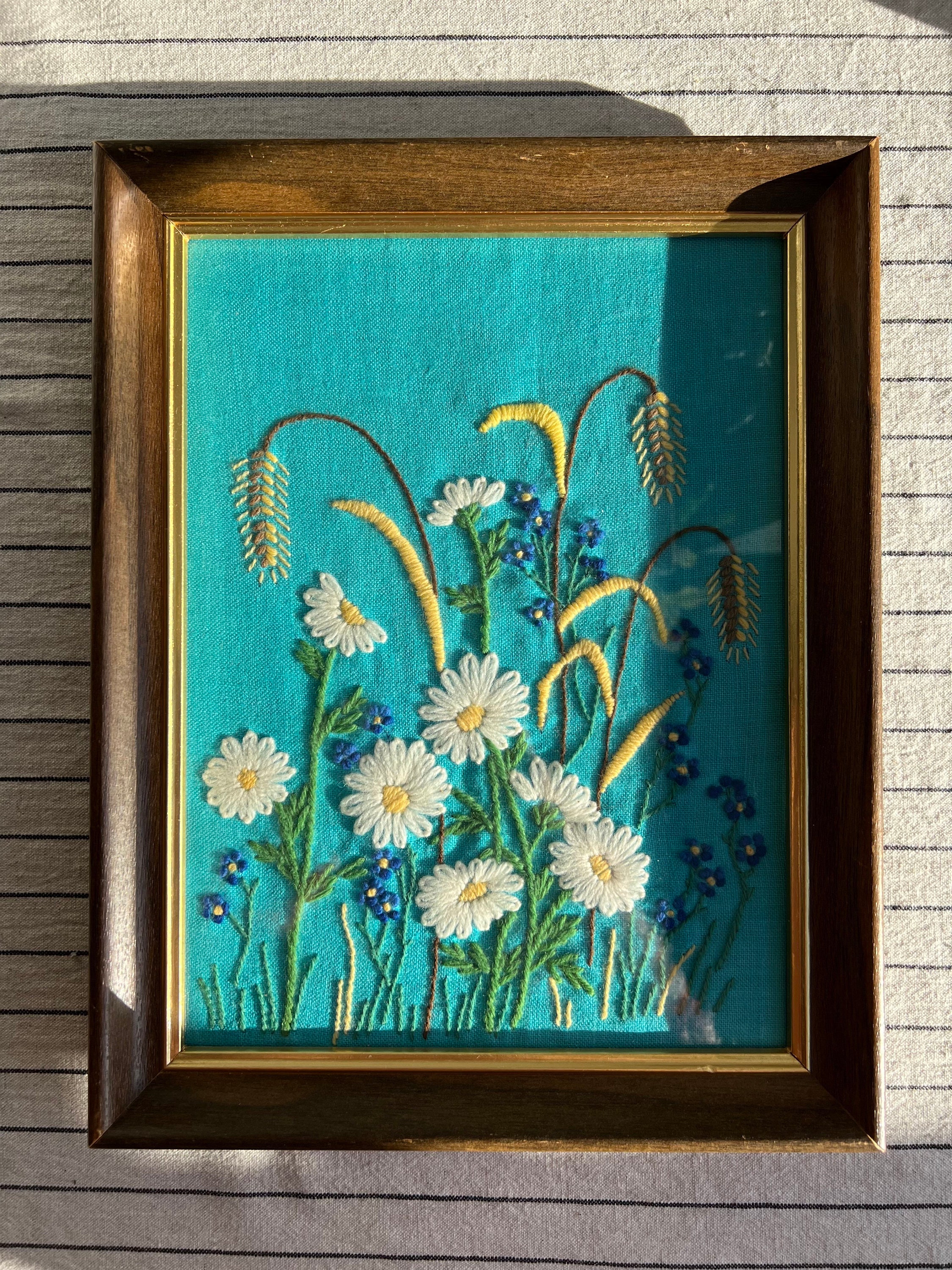 Vintage Wood Framed Original Handmade Knitted Floral Wall Art, Framed