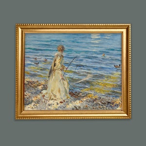 Vintage art prints REPRODUCTION girl fishing on the beach summer scene oil painting wall art print 5"x7", 8"x10", 11"x14"