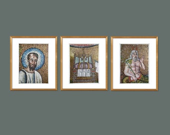 Mosaic Byzantine Art Set of 3 circa 6th Century Arian Baptistry Ravenna Italy Original Vintage Art Print from 1950s Catholic Bible 11x15