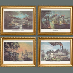 Set of 4 REPRODUCTION 15x12, 14x11 Mississippi River Vintage Prints by Currier and Ives American Life Art Prints