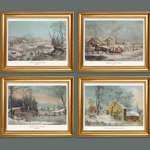 Winter Country Life Vintage Prints Set of 4 REPRODUCTION 15x12 14x11 Winter Scenes Farming by Currier and Ives American Life Art Prints