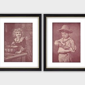 Antique Victorian Era set of 2 cute girl boy children lithograph art prints from 1887, wall art decor print vintage print black & white
