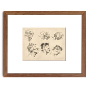 May include: A vintage drawing of a person's head with a blindfold on, shown in various angles. The drawing is in black and white and has a vintage aesthetic.