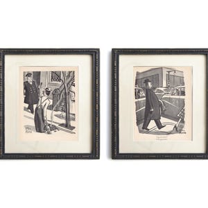 1949 original vintage cartoon art print wall decor painting black and white life in New York set of two