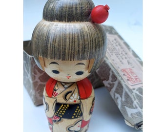 Vintage Japan Kokeshi Doll Wooden Geisha IOB Box Red 5.5 inches Japanese In Original Box