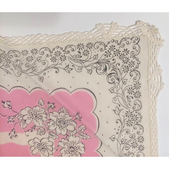 Vintage Handkerchief PINK Floral Attached Lace Tr… - image 3