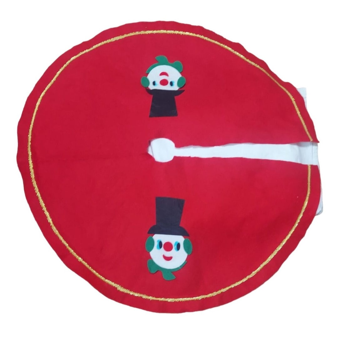 Vtg Snowman Snowmen Christmas TREE SKIRT Felt Red Gold Green Etsy