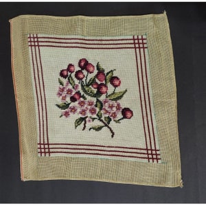 Purple Flowers Needlepoint CANVAS Tapestry Vintage Pre-worked Wool 12 x 12&quot; Handmade