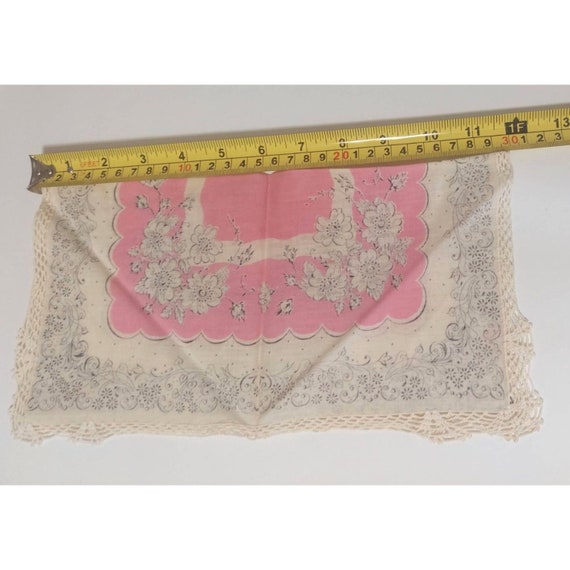 Vintage Handkerchief PINK Floral Attached Lace Tr… - image 4