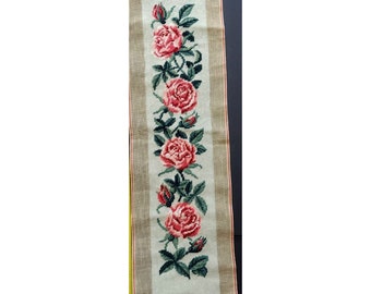 Pink Roses Bell Pull Wall Hanging Needlepoint CANVAS Tapestry Vintage Preworked Wool 28 X 6