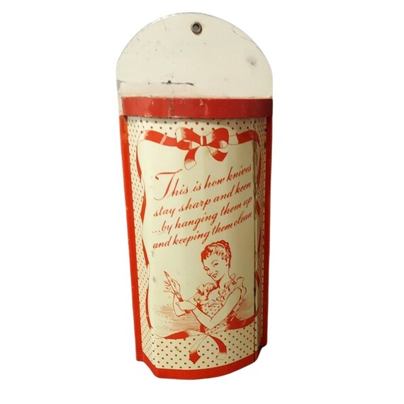 Vintage KNIFE Holder Storage Metal Wood RED Sharp Clean Wall Etsy