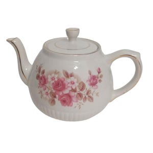 Vtg Ironstone TEAPOT Ellgreave Wood Sons England Pink Roses Floral Flowers Gold