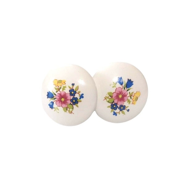 2 Vintage Round White Porcelain Drawer Pull Cabinet Knobs Pastel Florals Flowers