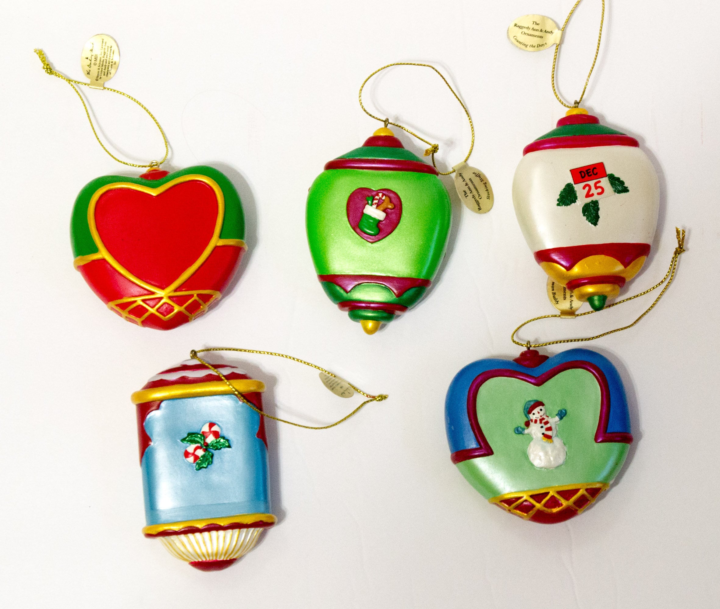 5 RAGGEDY ANN ANDY Christmas Ornaments Danbury Mint Holiday Tree Doll