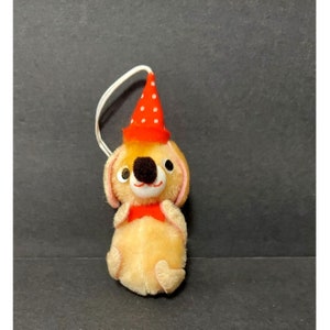 Vintage Pom Pom Puppy Dog Ornament Christmas Polka Dot hat Made in Japan Red