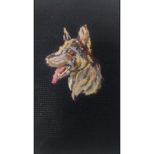 German Shepherd DOG Needlepoint Petit Point Vintage Completed Wool 12&quot;