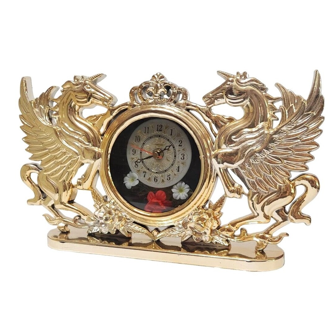 Kitschy UNICORN PEGASUS Quartz Clock Gold Silver Flowers Molded Plastic