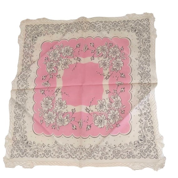 Vintage Handkerchief PINK Floral Attached Lace Tr… - image 1