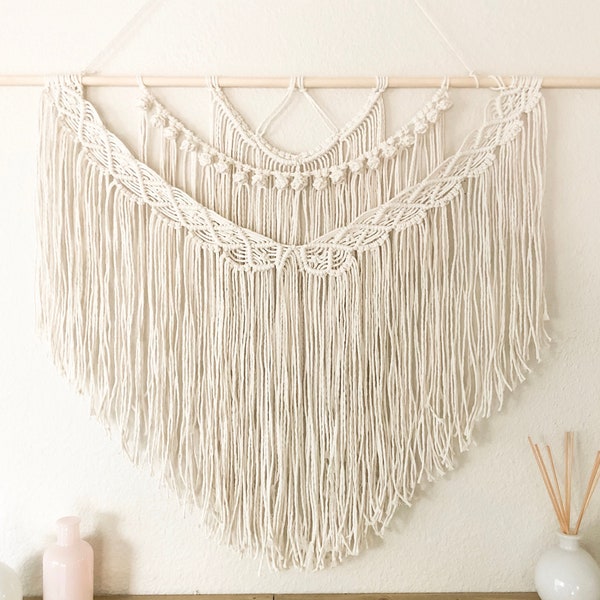 Large Off-White Macrame Wall Hanging | Above Headboard | Tapestry | Birch Wood Branch | Natural | Handmade