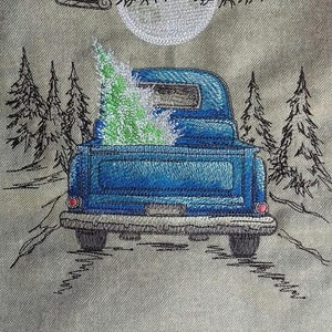 Santa&#39;s Flight Retro Truck-M27824, Kitchen towel, Dish towel,  Embroidered towel, hand towel, Mother’s Day gift, hostess gift