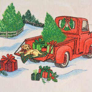 Christmas Retro Truck With Pup-M28350, Kitchen towel, Dish towel,  Embroidered towel, hand towel, Mother’s Day gift, hostess gift