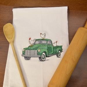 Country Chickens Retro truck-M29085, Embroidered tea towel, Kitchen towel, Dish,  Embroidered towel, hand towel, Mother’s Day, hostess gift