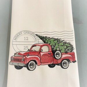 Retro Christmas Truck-M16635, Kitchen towel, Dish towel,  Embroidered towel, hand towel, Mother’s Day gift, hostess gift