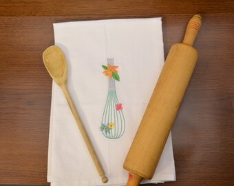 Kitchen Whisk in Bloom, Embroidered tea towel, Kitchen towel, Dish towel,  Embroidered towel, hand towel, Mother’s Day gift, hostess gift
