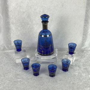 Stunning Italian Cobalt Blue Decanter Set With Images of Venice, Italy