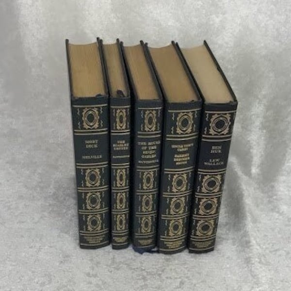 Vintage Black Leather Adorned by Gold Classic Set of Five Books, International Collectors Library, Moby Dick, Scarlet Letter