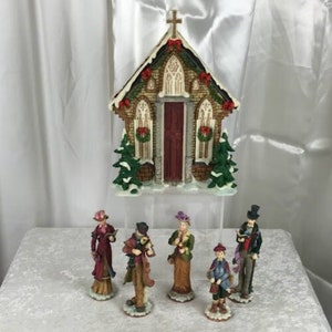 Victorian Christmas Carolers With Reversible Church Holiday Decor
