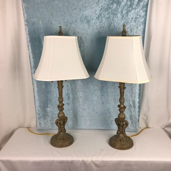 Vintage Victorian Buffet / Entry Table Lamps With White Rectangular Shades, Pair