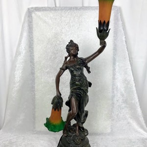 Early 19th Century Art Nouveau Sculptural Two Light Lamp of Lady Liberty Figurine in Bronze, Auguste Moreau