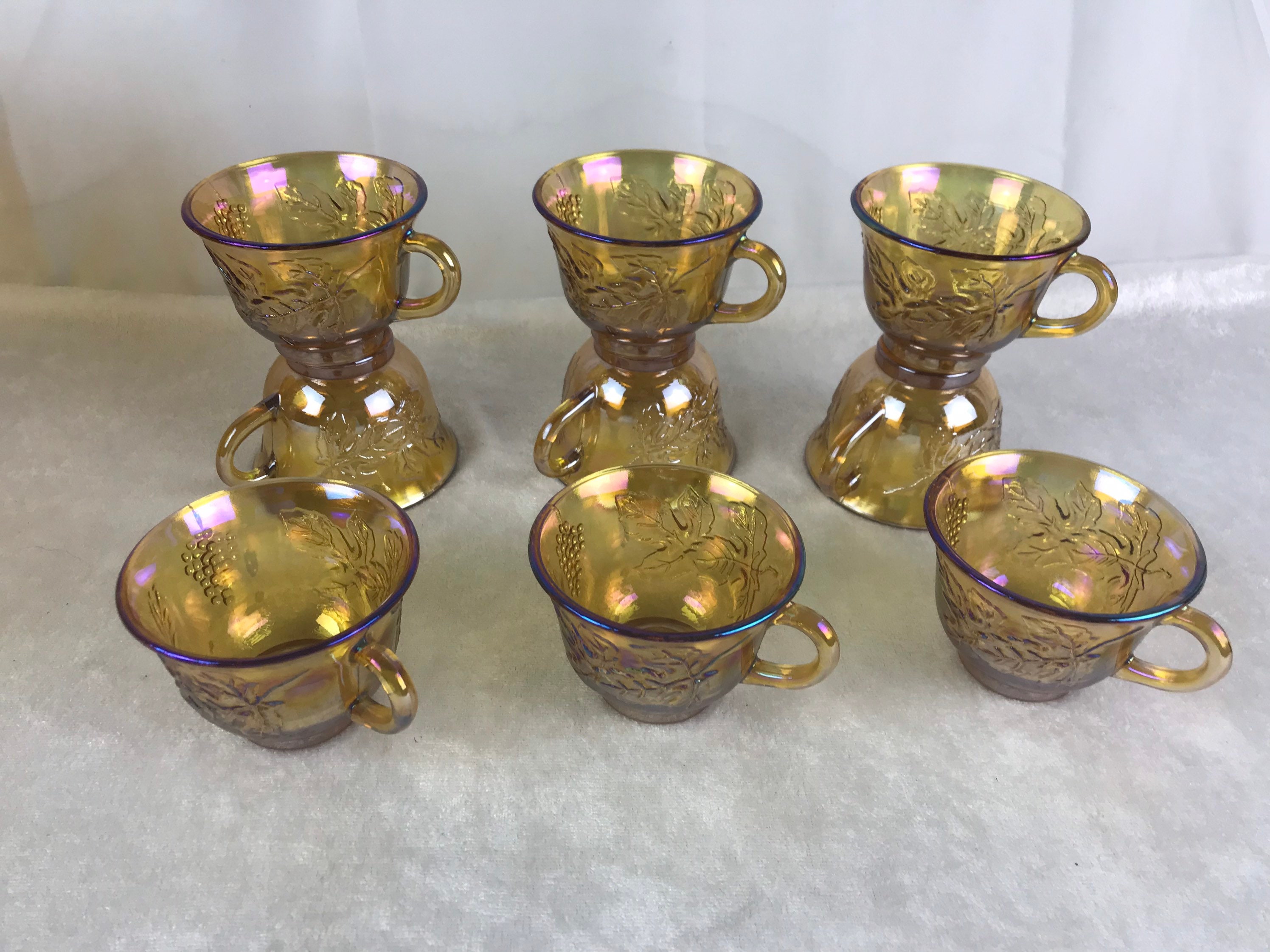 Carnival Glass Iridescent Amber Punch Bowl with Nine Cups Etsy
