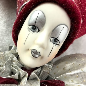 Burgundy / Silver Jester Hand Painted Bisque Porcelain Doll with Two Point Hat, 18&quot;