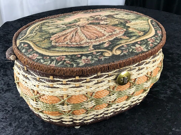 Vintage Victorian Romantic Tapestry Sewing Basket with Insert