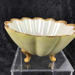 Vintage Footed Scalloped Soft Green Bowl with Gold Accents