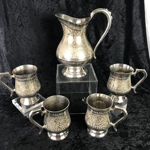 Ornate / Detailed Silverplate Pitcher / Drinkware Set