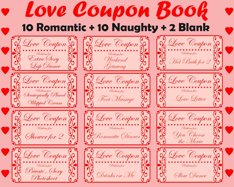 Love Coupon Book, Printable Love Coupons, Romantic Coupon Book, Naughty Coupon Book, Valentines Coupons, Printable Coupons, Anniversary Gift image 1