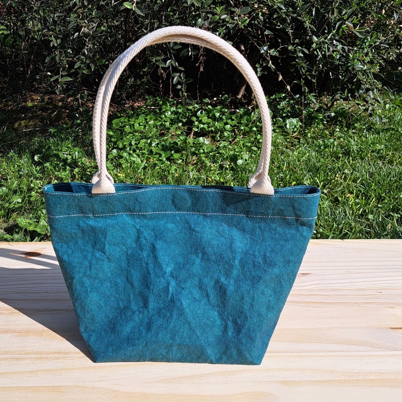 Minimalistische draagtas van milieuvriendelijk wasbaar papier, handgemaakt, verschillende kleuren, 2 maten, aanpasbare tas TEAL GREEN