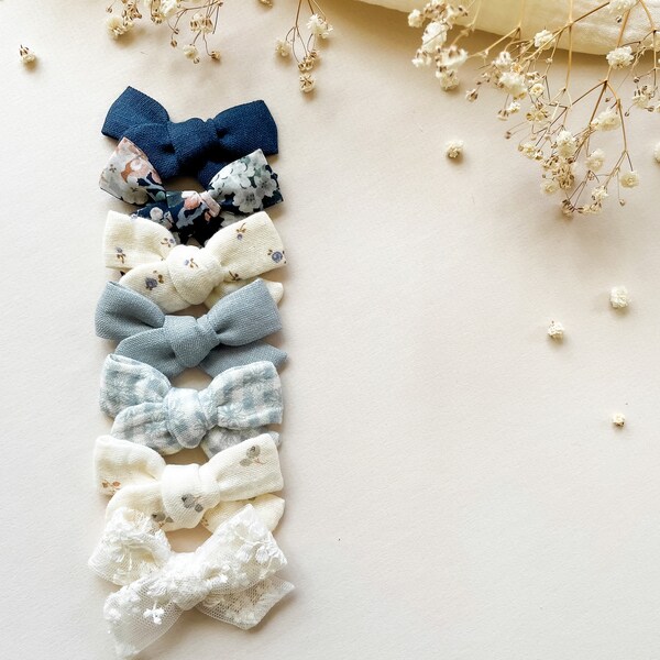 Mini Tea Bows // Newborn Baby Bows, Blue Bow, White Bow, Hand Tied Baby Bows, Girls Bows, Baby Headbands, Baby Hair Clip.