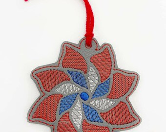 Pinwheel 4 juli DIGITAAL borduurbestand, In De Hoepel Bladwijzer, Ornament, Gift Bag Tag, Oogje, Rits trekken, Borduurwerk Ontwerp